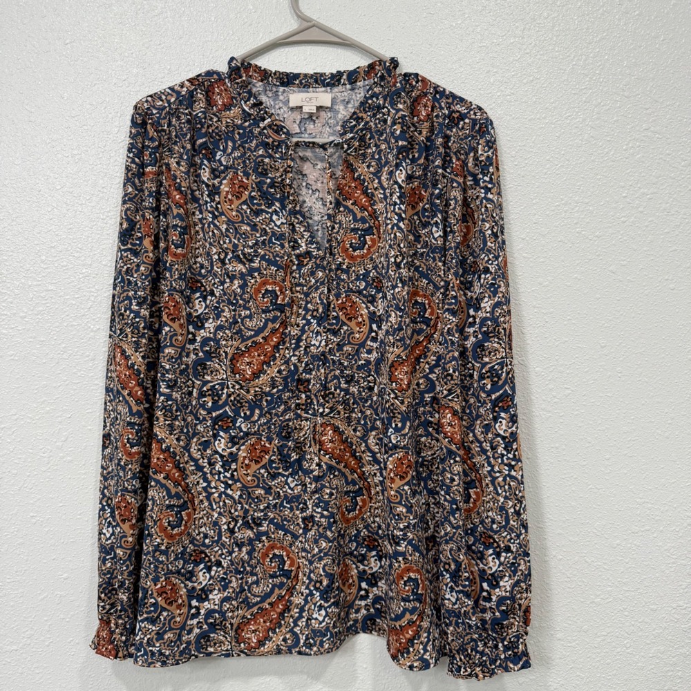 LOFT Outlet Womens Large Blue Rust Paisley Ruffle Neck Tie Split Neck Blouse Top